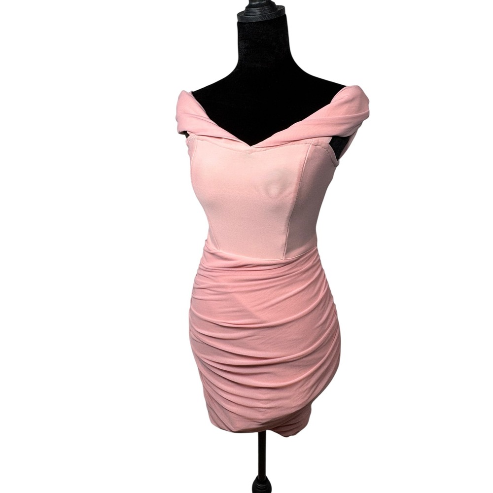 Bella Barnett Blush Pink Off Shoulder Ruched Bandage Dress XS Barbiecore